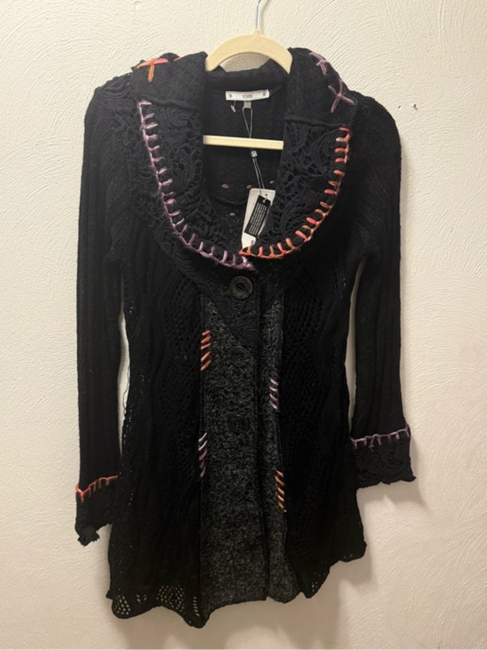 Sioni Handcrafted Boho Knit Cardigan Duster Black Open Knit Hippie Sweater M NWT
